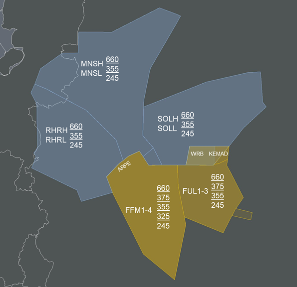  Simulation area for baseline scenario (Karlsruhe sectors yellow, Maastricht sectors blue) 